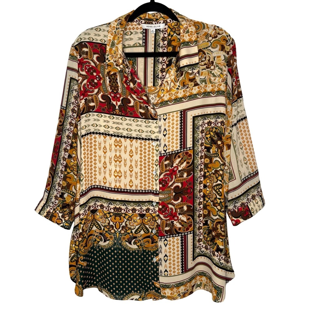 Rose + Olive Blouse 2X Patchwork Floral Button-Up Collared 3/4 Sleeve Artsy Boho